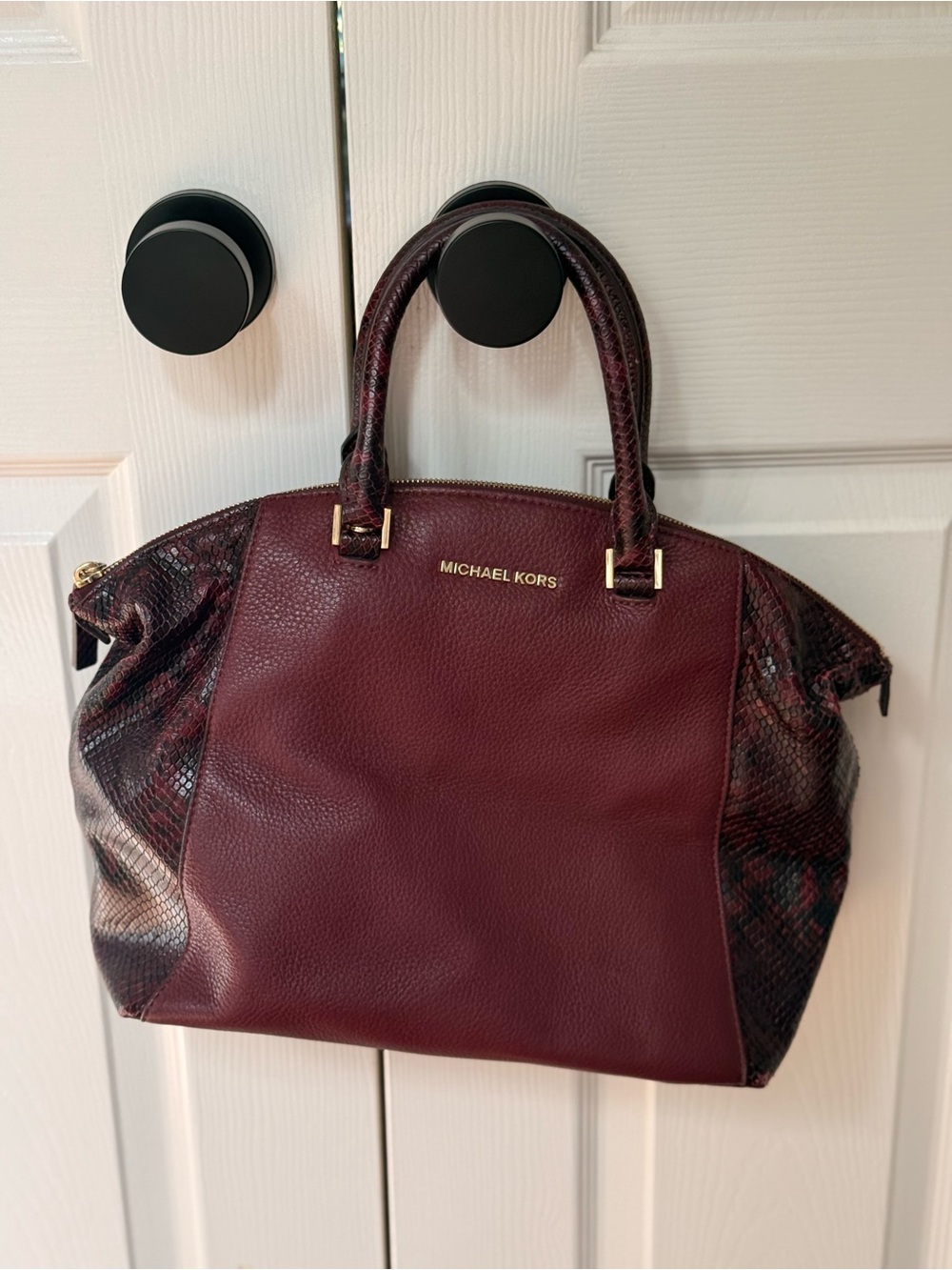 Michael Kors Maroon Leather Satchel with Snake-Effect Panels